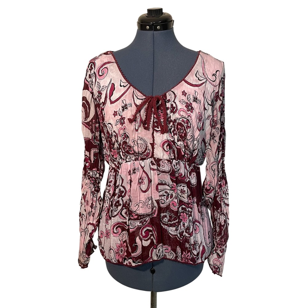 Vtg Cato Pink Paisley Tie Neck Babydoll Peasant Crinkle Top Y2K Boho Chic Cute L
